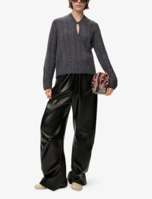 Loewe Womens Grey Keyhole Cable-knit Wool Jumper In Gray
