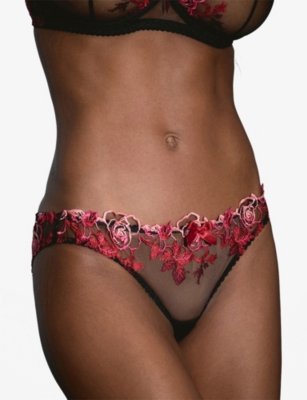 Agent Provocateur Womens Black/multi Callypso Floral-embroidered Mesh Briefs Xl In Red
