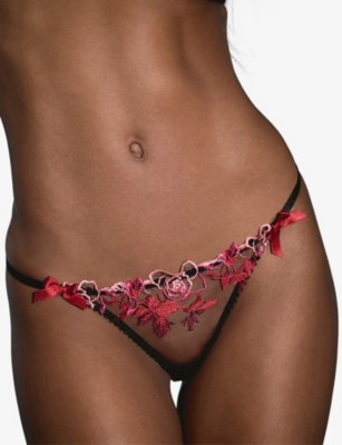 Agent Provocateur Womens Black/multi Callypso Floral-embroidered Mesh Thong In Black