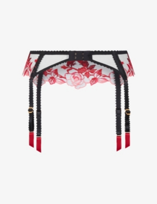 Agent Provocateur Womens Black/multi Callypso Floral-embroidered Mesh Suspender Belt In Red