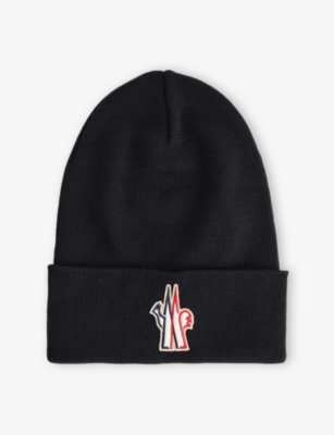 Moncler S Black Logo-embroidered Ribbed Virgin-wool Beanie Hat In Black