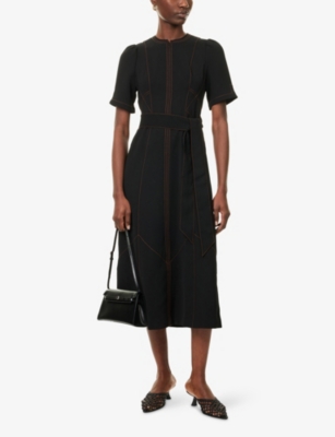Me And Em And Em Womens Black Contrast Topstitching Belted Woven Midi Dress In Black