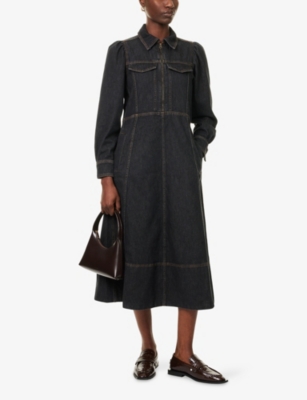 Me And Em And Em Womens Black Wash Classic-collar Zip-front Denim Midi Dress In Black