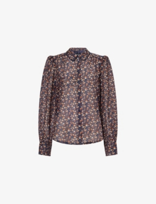 Me And Em And Em Womens Navy Multi Peter Pan Collar Graphic-pattern Cotton-and-silk Shirt In Multi