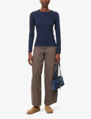 Me And Em And Em Womens Navy Melange Ribbed Long-sleeve Cotton Top In Blue