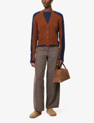 Me And Em And Em Womens Burnt Caramel/indigo V-neck Colourblock Wool-blend Cardigan In Brown