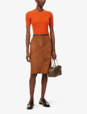 Me And Em And Em Womens Paprika Orange Slim-fit Ribbed Cashmere Top