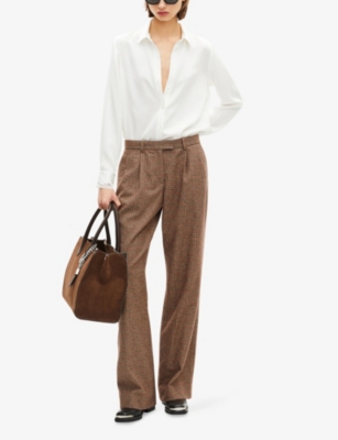 The Kooples Womens Houndstooth-pattern Wide-leg Mid-rise Wool-blend Trousers Camel Melange / Burgundy In Brown