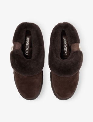 Jimmy Choo Diamond Maxi Suede-shearling Mules In Brown