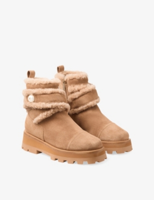 Jimmy Choo Meena Suede And Shearling Zip Ankle Boots In Brown