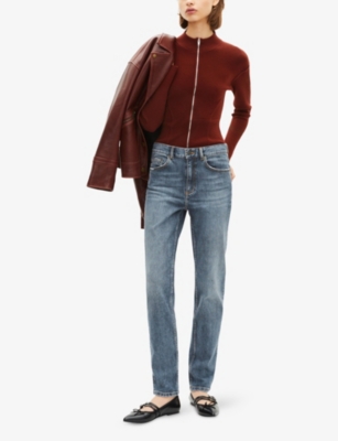 The Kooples Womens Zipped Slim-fit Stretch Wool-blend Cardigan Red Brique In Red