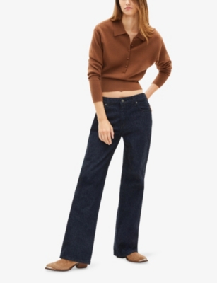 The Kooples Womens Camel Polo-collar Button-up Wool-blend Jumper In Brown