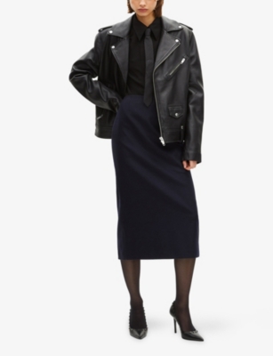 The Kooples Womens Navy Pencil Mid-rise Stretch Wool-blend Midi Skirt In Multi