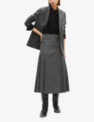 The Kooples Womens  Checked Button-embellished Wool Midi Skirt In Gold