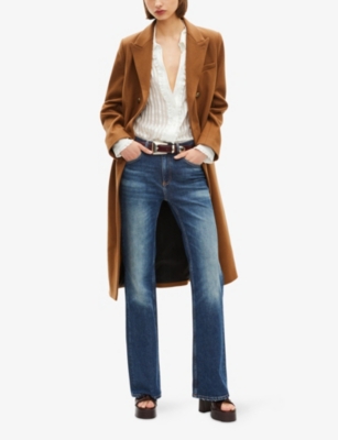 The Kooples Womens Camel Melange / Burgundy Peak-lapel Double-breasted Wool-blend Coat In Brown