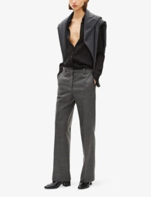 The Kooples Womens Black Checked Straight-leg Wool Trousers In Gray