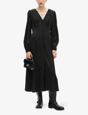 The Kooples Womens Black V-neck Leopard-print Woven Midi Dress In Black