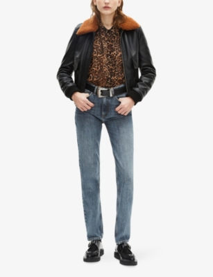 The Kooples Womens Black Sherpa-collar Side-pocket Leather Jacket Xs In Black
