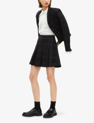The Kooples Womens Navy Pleated Checked Wool-blend Mini Skirt In Multi