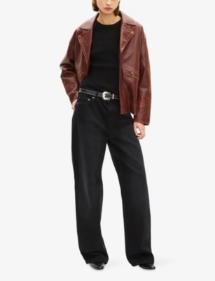 The Kooples Womens Brown Biker-collar Relaxed-fit Leather Jacket In Brown