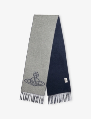 Vivienne Westwood Mens Mineral Grey Single Orb Double Face Wool Scarf In Blue