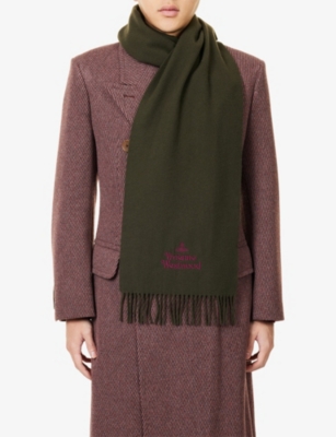 Vivienne Westwood Mens Dark Green Embroidered Logo Fringed Wool Scarf In Green