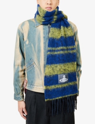 Vivienne Westwood Mens Yellow Chunky Striped Wool-blend Scarf In Blue