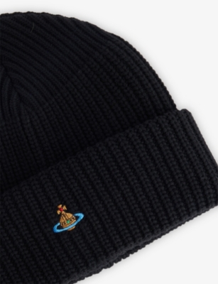 Vivienne Westwood Mens Black Sporty Orb-embroidery Wool Beanie In Black