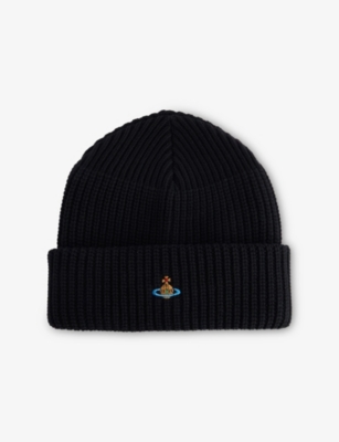 Vivienne Westwood Mens Black Sporty Orb-embroidery Wool Beanie In Black