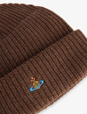 Vivienne Westwood Mens Brown Sporty Orb-embroidery Wool Beanie In Brown