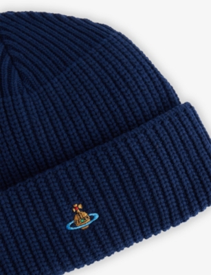 Vivienne Westwood Mens Navy Blue Sporty Orb-embroidery Wool Beanie In Blue