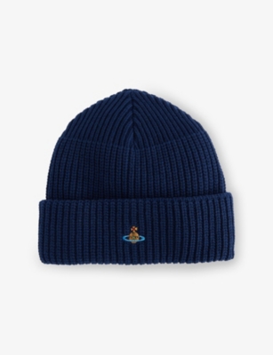 Vivienne Westwood Mens Navy Blue Sporty Orb-embroidery Wool Beanie In Blue