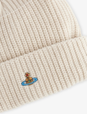 Vivienne Westwood Mens White Sporty Orb-embroidery Wool Beanie In Neutral