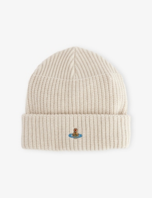 Vivienne Westwood Mens White Sporty Orb-embroidery Wool Beanie In Neutral