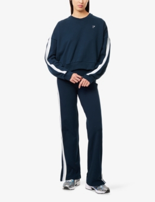 Gymshark Womens Dp Petrl/smk Blu/sft Wht Piping Midi Crewneck Cotton-jersey Sweatshirt In Blue