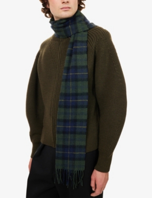 Barbour Mens Olive Night Tartan-print Lambswool Scarf In Green