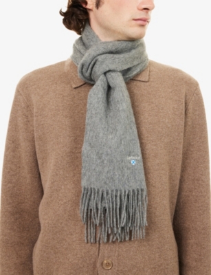 Barbour Mens Light Grey Marl Plain Logo-embroidered Lambswool Scarf In Gray
