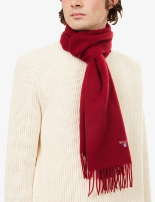 Barbour Mens Biking Red Plain Logo-embroidered Lambswool Scarf In Red