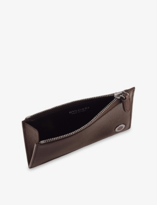 Bvlgari Womens Brown   Zip Leather Card Holder In Blue