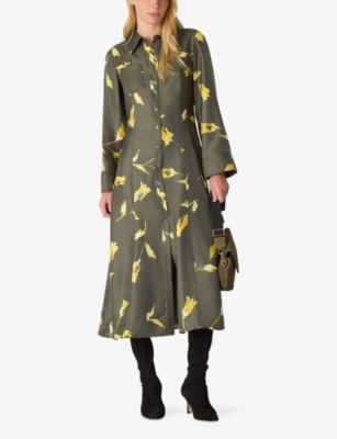 WHISTLES: Floral-Print Long-Sleeve Silk Midi Dress