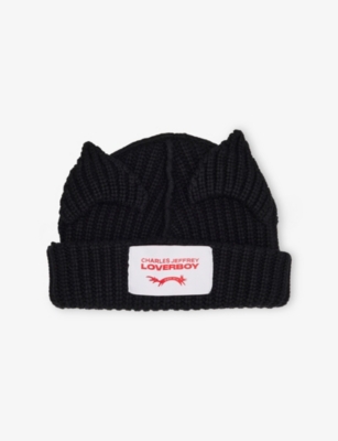 Charles Jeffrey Loverboy Mens Chunky-ear Logo-patch Knitted Wool-blend Beanie Hat Black In Black