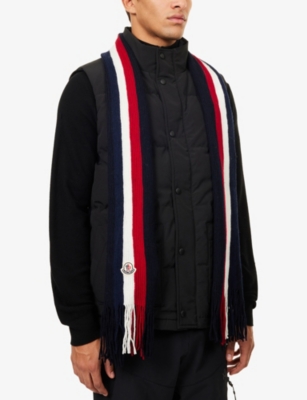 Moncler Logo Patch Stripe Virgin Wool Fringe Scarf In Multi