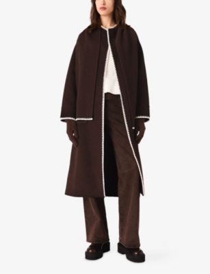 Maje Womens Dark Brown Embroidered Removable-scarf Wool-blend Coat In Brown