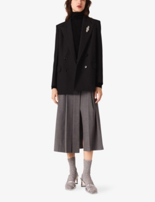 Maje Womens Removable-brooch Double-breasted Stretch Wool-blend Blazer Black In Black