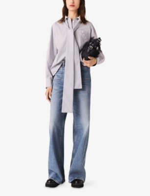 MAJE: Pussy-Bow Striped Cotton-Blend Shirt