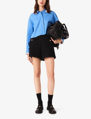 Maje Womens Rhinestone-embellished Mid-rise Tweed Shorts Black In Black