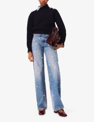 Maje Womens Blue Bead-embroidered Wide-leg Jeans In Blue
