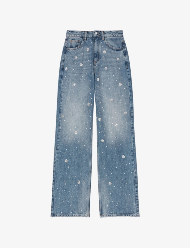 Bead-Embroidered Wide-Leg Jeans