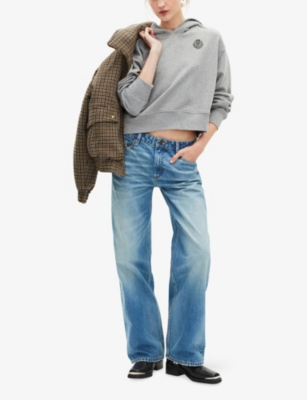 The Kooples Womens Grey Melange Branded Cropped Cotton-jersey Hoody In Gray