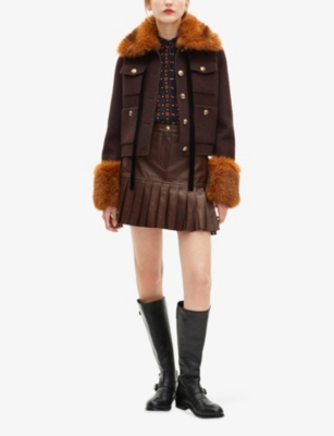 The Kooples Womens Chocolate Four-pocket Faux-fur Wool-blend Jacket In Brown